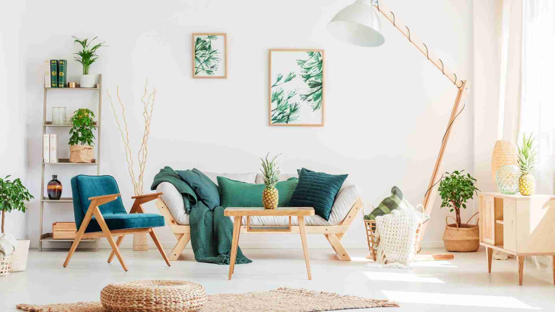 Ein modernes Wohnzimmer mit einer Couch, einem Sessel und verschiedenen Pflanzen in Töpfen.