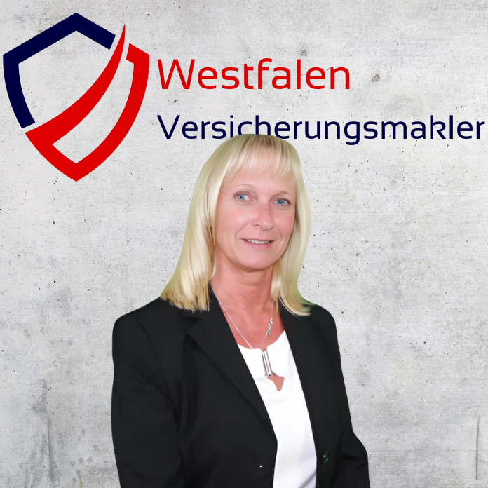 Frau mit blonden Haaren in einem schwarzen Blazer vor einem grauen Hintergrund mit dem Logo von Westfalen Versicherungsmakler.